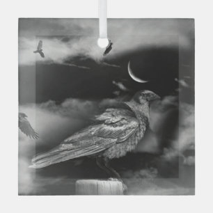 Mysterie-magische ravens en halve maan glas ornament