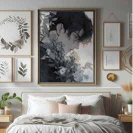 Mysterieus Man en bloemen Foto Afdruk