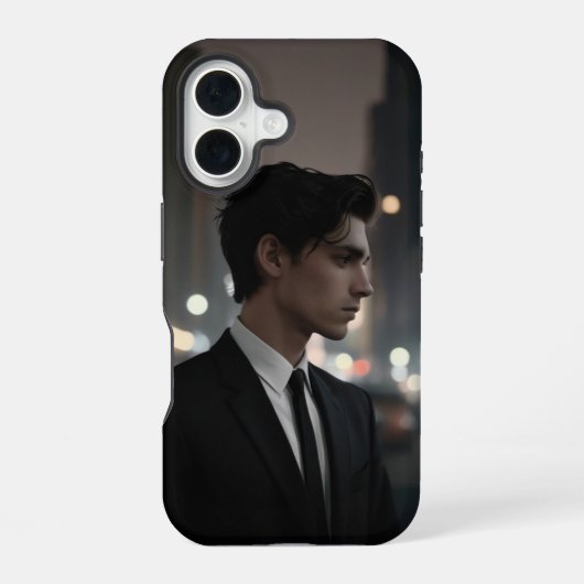 Mysterieus Man in Suit at Night – Cinematic Urban iPhone 16 Hoesje (Achterkant)