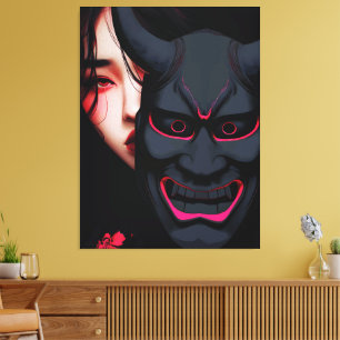 Mysterieus meisje met Oni-masker Donkere Japanse h Canvas Afdruk