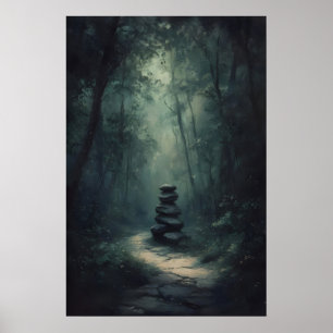 Mysterieus pad in het bos Donkergroene boslandscha Poster