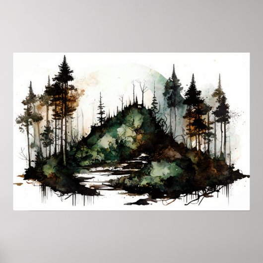 Mysterieuze Dark Forest Waterverf Poster (Voorkant)