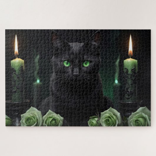Mysterieuze enge zwarte kat met groene ogen legpuzzel (Horizontaal)