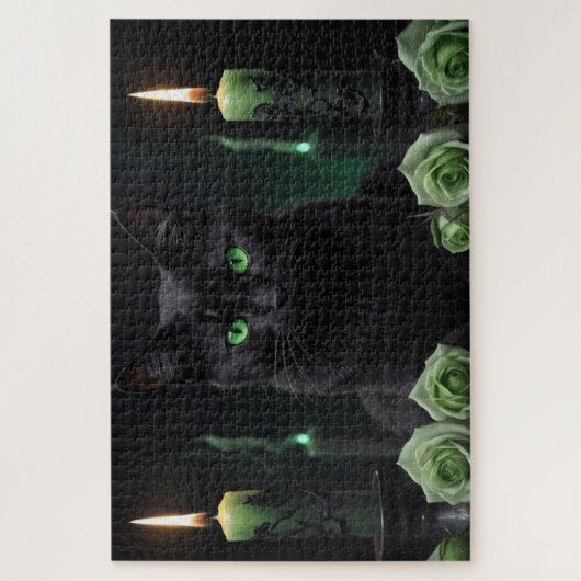 Mysterieuze enge zwarte kat met groene ogen legpuzzel (Verticaal)