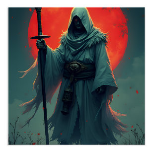 Mysterieuze Figuur met Kap onder Bloedmaan Perfect Poster