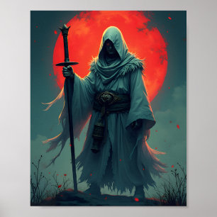Mysterieuze Figuur met Kap onder Bloedmaan   Poster