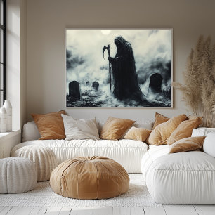 Mysterieuze Grim Reaper in een nevelige begraafpla Poster