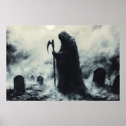 Mysterieuze Grim Reaper op een mistig kerkhof Poster (Voorkant)