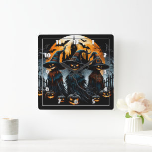 Mysterieuze vogelverschrikkers onder een gloeiende vierkante klok