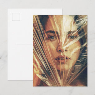 Mysterieuze vrouw achter expressionistische olieve briefkaart