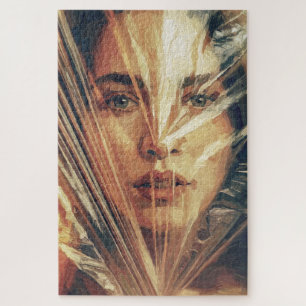 Mysterieuze vrouw achter expressionistische olieve legpuzzel