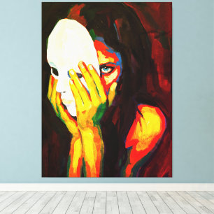 Mysterieuze vrouw met masker dramatische olieverfs canvas afdruk