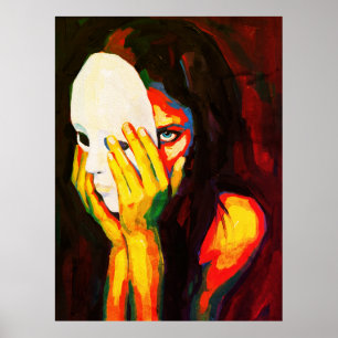 Mysterieuze vrouw met masker dramatische olieverfs poster