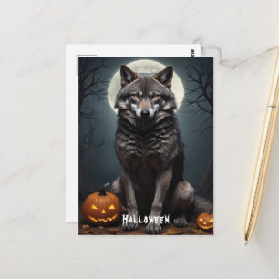 Mysterieuze Wolf met Pompoen Halloween Kunst Briefkaart