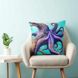 Mysterious Octopus Blue Ocean Wave Abstracte Art Kussen