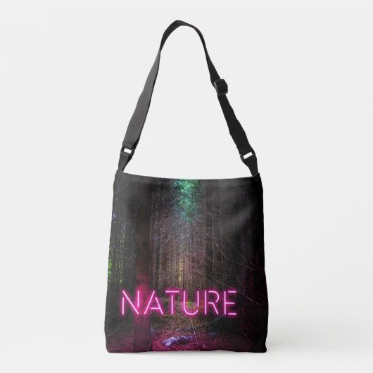 Mysterious spruce forest natuur neon magenta-teken crossbody tas (Achterkant)