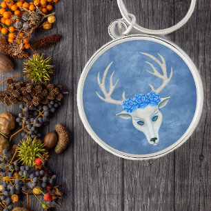 Mysterious White Deer Head Antlers Blue Rozen Sleutelhanger