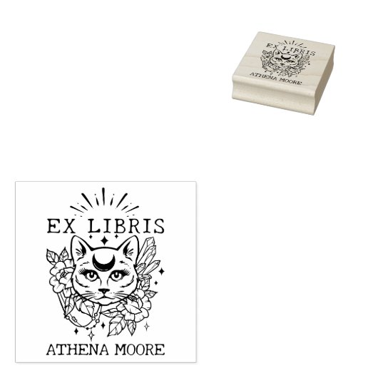 Mystic Cat, Aangepaste Ex Libris Boek Rubberstempel (Gestempeld)