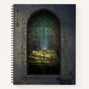 Mystic Forest Portal met kat - Fantasy Window Notitieboek