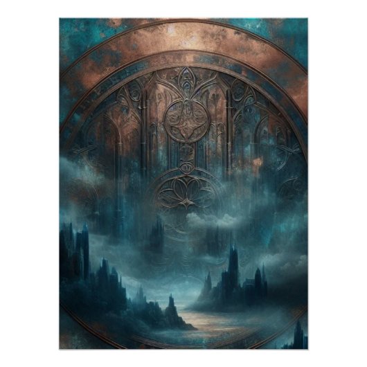Mystic Gothic Steampunk Art - Blue Copper Patina  Perfect Poster (Voorkant)