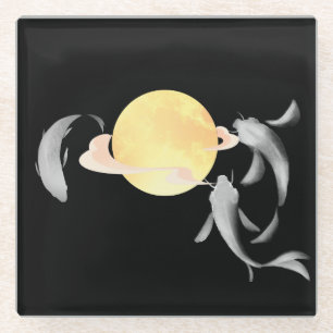 Mystic Koi & Golden Moon – Elegante Japanse Zen Ar Glazen Onderzetter