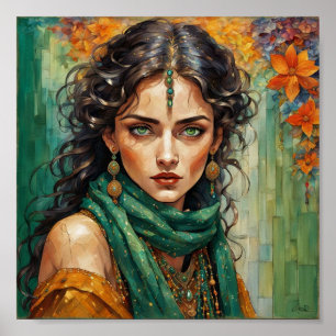 Mystic Maven: Een mooie zigeunervrouw met groene o Poster