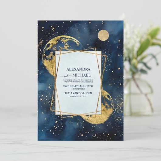 Mystic Midnight Blue en gouden Waterverf bruiloft Kaart (Staand voorkant)