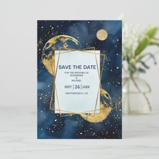 Mystic Midnight Blue en gouden Waterverf bruiloft Save The Date (Staand voorkant)