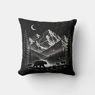 Mystic Mountain Wilderness Night Linocut Stijl Kussen
