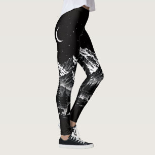 Mystic Mountain Wilderness Night Linocut Stijl Leggings