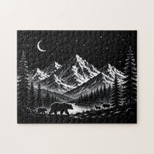 Mystic Mountain Wilderness Night Linocut Stijl Legpuzzel