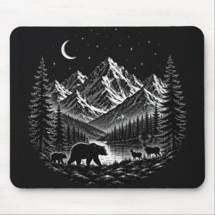 Mystic Mountain Wilderness Night Linocut Stijl Muismat