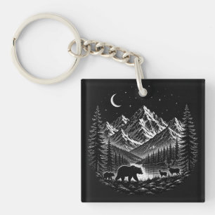 Mystic Mountain Wilderness Night Linocut Stijl Sleutelhanger