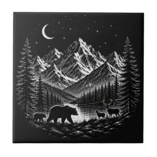 Mystic Mountain Wilderness Night Linocut Stijl Tegeltje