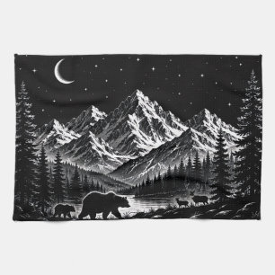 Mystic Mountain Wilderness Night Linocut Stijl Theedoek