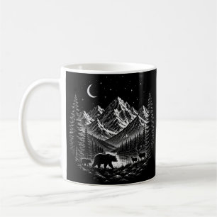 Mystic Mountain Wildernis Nacht Linocut Stijl Koffiemok