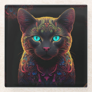 Mystic Neon Mandala Cat Psychedelic Feline Fantasy Glazen Onderzetter