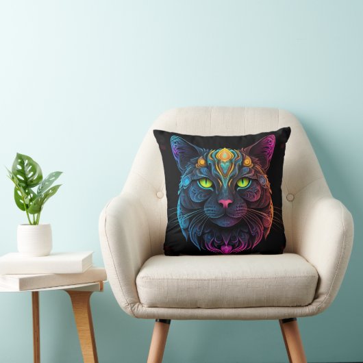 Mystic Neon Mandala Cat Psychedelic Feline Fantasy Kussen (Stoel)