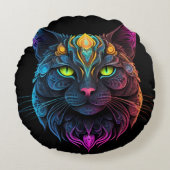 Mystic Neon Mandala Cat Psychedelic Feline Fantasy Rond Kussen (Voorkant)
