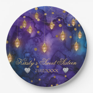 Mystic Paars Blue Lantern & Gold Bokeh Sweet 16 Papieren Bordje