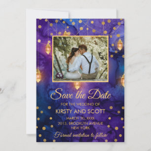 Mystic Paarse Night Lantern Bokeh Save the Date Kaart