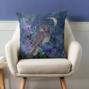 Mystic Paarse Owl and Moon on Grayish Blue Kussen