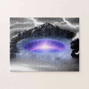Mystic pink nucleus omgeven door rotsachtige berge legpuzzel