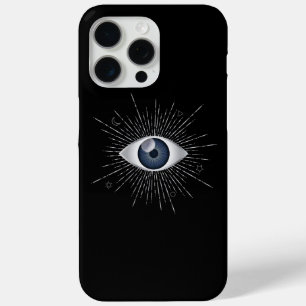 Mystic Silver & Blue Evil Eye Nazar Mati op zwart iPhone 15 Pro Max Hoesje