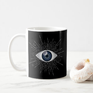 Mystic Silver & Blue Evil Eye Nazar Mati op zwart Koffiemok