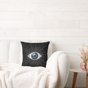 Mystic Silver & Blue Evil Eye Nazar Mati op zwart Kussen