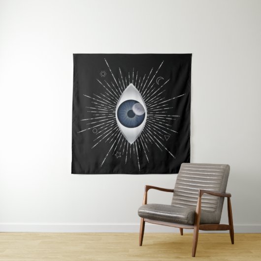 Mystic Silver & Blue Evil Eye Nazar Mati op zwart Wandkleed (In Situ (horizontaal))