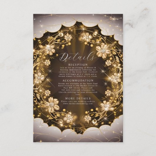 Mystic Sparkles en Golden Floral Wedding Informatiekaartje (Voorkant)