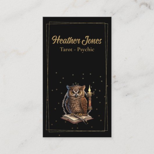 Mystic uil op zwart visitekaartje (Voorkant)