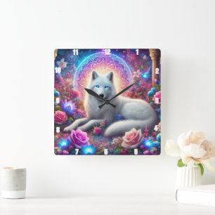 Mystic White Wolf Vierkante Klok